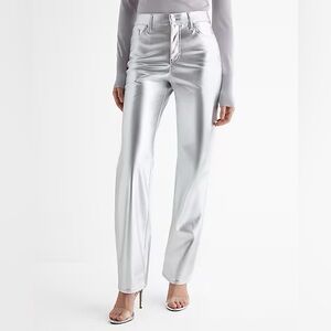 Express Silver Metallic Straight Super High Rise Pants Size 4 Women’s